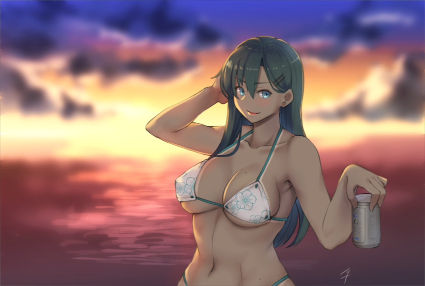 &gt;:) 1girl alternate_costume aqua_eyes backlighting bare_arms bare_shoulders beer_can bikini blurry blush breasts can cleavage closed_mouth collarbone curvy depth_of_field evening flower grey_hair hair_flower hair_ornament halter_top halterneck hayabusa kantai_collection large_breasts long_hair looking_at_viewer navel ocean smile solo stomach suzuya_(kantai_collection) swimsuit upper_body white_bikini wide_hips
