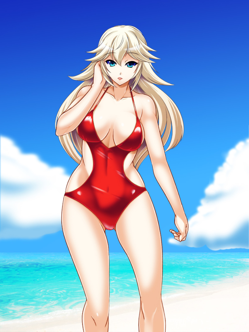 beach blonde_hair blue_eyes breasts cleavage covered_navel hakkai highres long_hair looking_at_viewer one-piece_swimsuit princess_peach red_swimsuit super_smash_bros. swimsuit