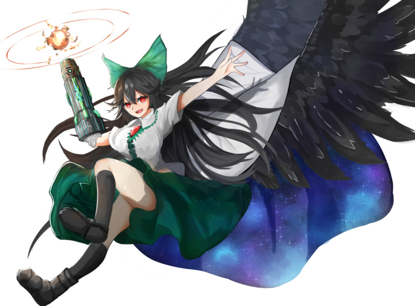 1girl :d arm_cannon bird_wings black_boots black_hair black_legwear black_wings boots bow breasts cape collared_shirt from_side full_body green_bow green_skirt hair_between_eyes hair_bow large_breasts long_hair looking_at_viewer looking_to_the_side open_mouth outstretched_arms psyren2 red_eyes reiuji_utsuho shirt short_sleeves skirt smile socks solo spread_arms spread_wings third_eye touhou weapon white_shirt wings