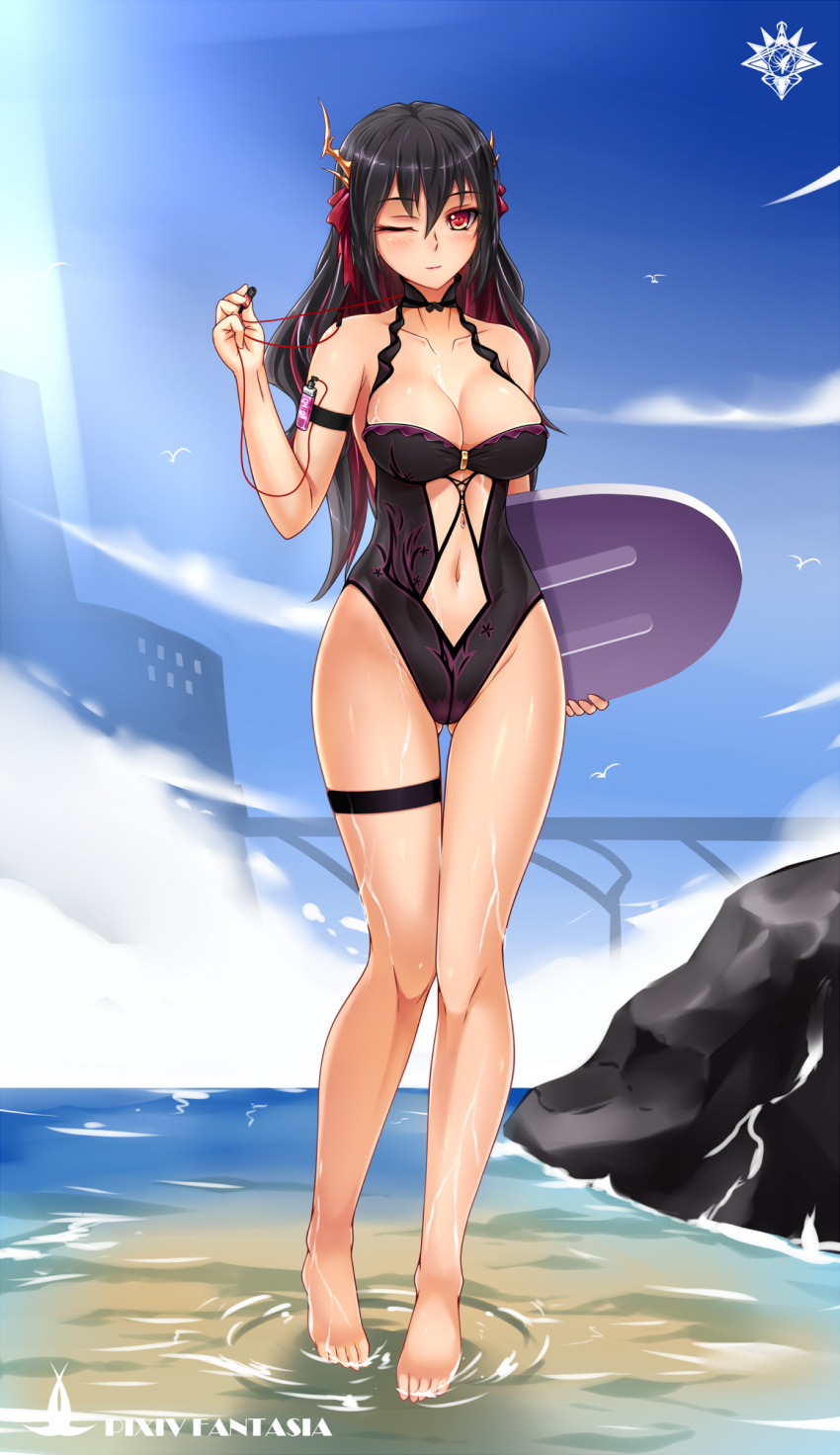 1girl arm_strap bare_shoulders barefoot beach black_hair blue_sky breasts collarbone copyright_name day digital_media_player earphones earphones full_body gluteal_fold hair_between_eyes hair_ribbon highres horns long_hair looking_at_viewer medium_breasts midnight_(banyex) multicolored_hair navel one_eye_closed outdoors pixiv_fantasia pixiv_fantasia_revenge_of_the_darkness red_eyes redhead ribbon rock sky solo standing thigh_gap thigh_strap water