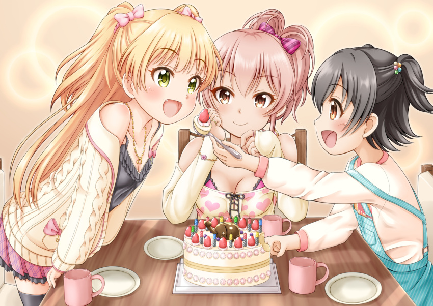 3girls :d akagi_miria aran_sweater arm_rest birthday birthday_cake black_hair black_legwear blonde_hair blush bow bracelet breasts brown_eyes cake camisole candle cardigan chair cleavage commentary_request cup elbow_rest eyebrows_visible_through_hair fangs feeding fingernails food frilled_skirt frills fruit green_eyes hair_between_eyes hair_bobbles hair_bow hair_ornament head_rest highres idolmaster idolmaster_cinderella_girls jewelry jougasaki_mika jougasaki_rika large_breasts long_hair long_sleeves looking_at_another mug multiple_girls off-shoulder_shirt off_shoulder one_side_up open_cardigan open_clothes open_mouth overalls pendant pink_bow pink_hair pink_skirt pinstripe_pattern plaid plaid_skirt plate regular_mow rhinoceros_beetle ring shirt short_hair siblings sisters sitting skirt smile spoon standing strawberry striped striped_bow sweater table thigh-highs two_side_up vertical_stripes white_shirt