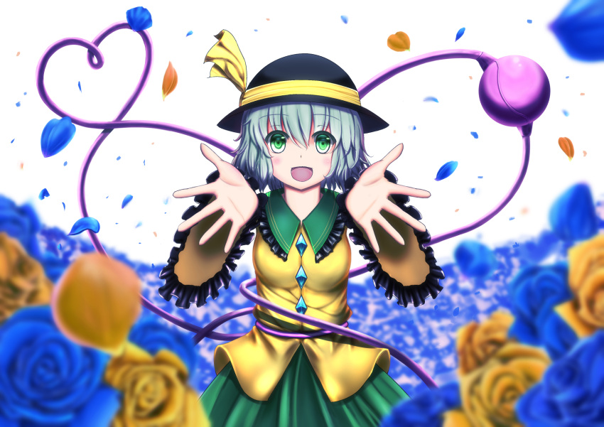 1girl :d bangs black_hat blue_rose blurry blush cowboy_shot depth_of_field eyeball field flower flower_field foreshortening frilled_shirt_collar frilled_sleeves frills green_eyes green_skirt hat hat_ribbon heart heart_of_string highres komeiji_koishi long_sleeves looking_at_viewer luke_(kyeftss) open_mouth petals reaching_out ribbon rose rose_petals shirt short_hair silver_hair skirt smile solo third_eye touhou wide_sleeves yellow_ribbon yellow_rose yellow_shirt