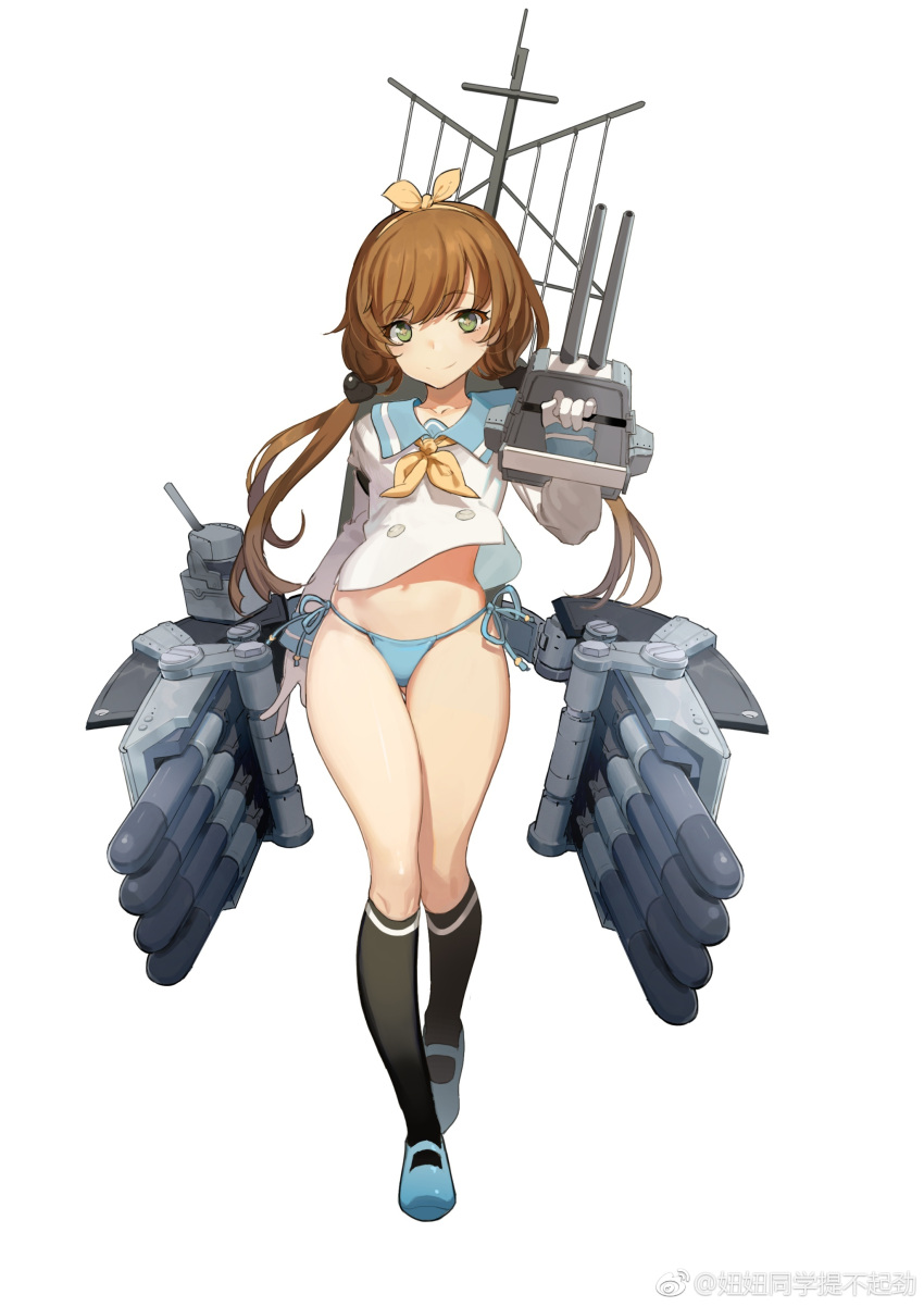 1girl absurdres artist_request bangs battleship_girl black_legwear blue_panties brown_hair closed_mouth eyebrows_visible_through_hair full_body gloves green_eyes hair_ornament hairband highres kneehighs long_sleeves low_twintails mary_janes navel panties sailor_collar sailor_shirt shirt shoes side-tie_panties simple_background sleeves_past_wrists smile solo standing string_panties symbol-shaped_pupils torpedo turret twintails underwear white_background white_gloves