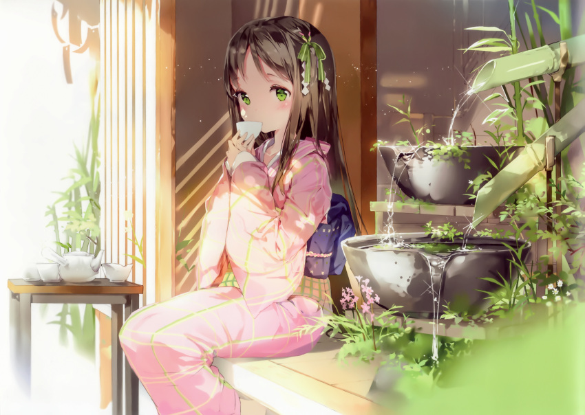 1girl absurdres anmi bamboo basin blurry blush brown_hair cup day depth_of_field drinking eyelashes feet_out_of_frame flower fountain from_side green_eyes hair_ornament hair_ribbon handle highres holding holding_cup japanese_clothes kimono light light_particles looking_at_viewer obi original outdoors parted_bangs pink_kimono plant ribbon sash shadow sitting sleeves_past_wrists solo sparkle table teacup teapot water yunomi