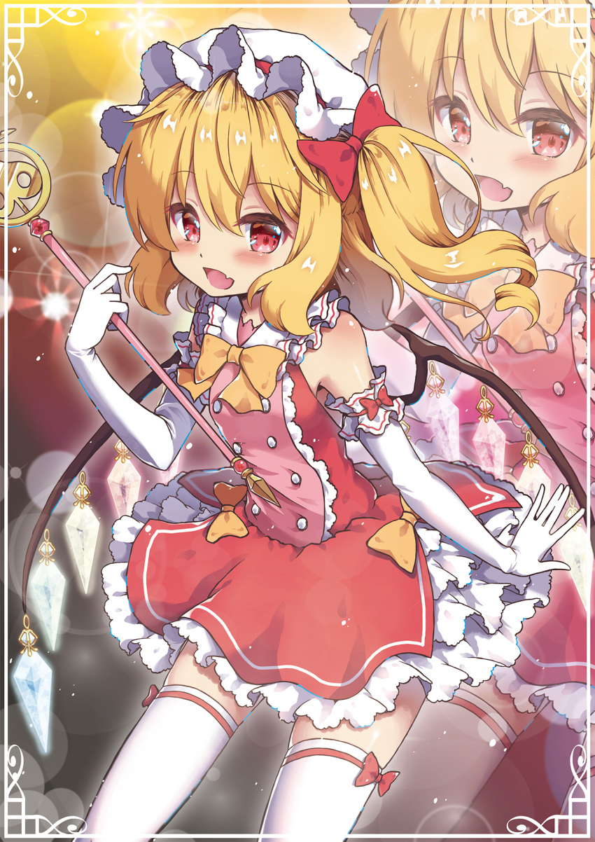 1girl adapted_costume beni_kurage blonde_hair bow elbow_gloves eyebrows_visible_through_hair flandre_scarlet frame gloves hair_between_eyes hair_bow hat hat_ribbon highres holding looking_at_viewer magical_girl mob_cap red_bow red_eyes red_ribbon red_skirt ribbon skirt smile solo standing thigh-highs touhou wand white_gloves white_hat white_legwear wings zoom_layer