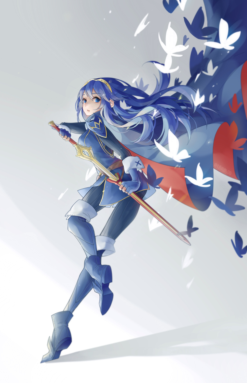 1girl aya_(8819062) blue_eyes blue_hair butterfly cape fire_emblem fire_emblem:_kakusei highres holding holding_sword holding_weapon looking_at_viewer lucina simple_background solo sword unsheathed weapon