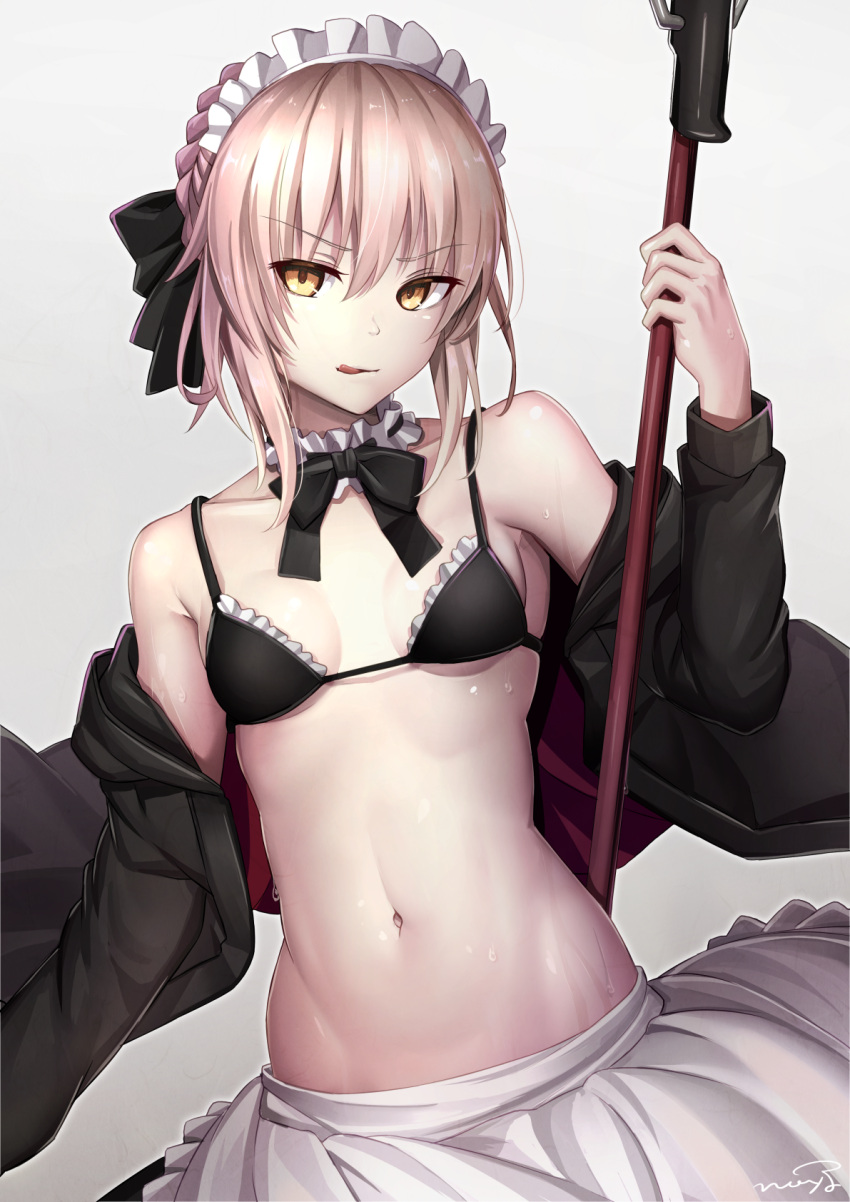 1girl :q apron artist_name artoria_pendragon_(all) bangs bikini black_bikini black_bikini_top black_bow blonde_hair bow braid breasts collarbone eyebrows_visible_through_hair fate/grand_order fate_(series) french_braid frilled_apron frilled_bikini frills grey_background hair_between_eyes hair_bow highres holding hood hoodie jacket licking_lips looking_at_viewer maid maid_headdress navel open_clothes open_hoodie open_jacket saber_alter shuutou_haruka sidelocks signature small_breasts solo swimsuit tongue tongue_out upper_body waist_apron yellow_eyes