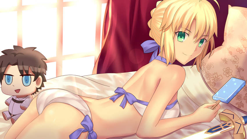 1boy 1girl ahoge artoria_pendragon_(all) ass bed besmiled blonde_hair blush breasts character_doll doll eyebrows_visible_through_hair fate/grand_order fate_(series) food fujimaru_ritsuka_(male) green_eyes highres large_breasts looking_at_viewer lying on_stomach pillow popsicle revision riyo_(lyomsnpmp)_(style) saber smile sword takeuchi_takashi_(style) weapon