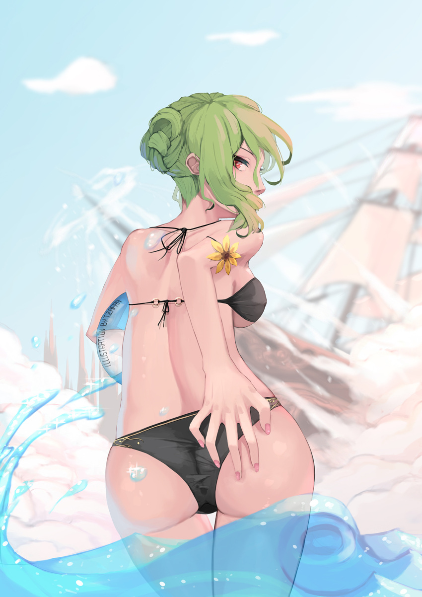 1girl alternate_hairstyle artist_name ass back ball bare_arms bare_back bare_shoulders beachball bikini black_bikini blue_sky breasts clouds cowboy_shot day fingernails flower from_behind green_hair hand_on_own_ass highres kazami_yuuka looking_at_viewer looking_back nail_polish outdoors red_eyes sail ship short_hair shoulder_blades side_glance sideboob sky solo swimsuit touhou tzafra water watercraft