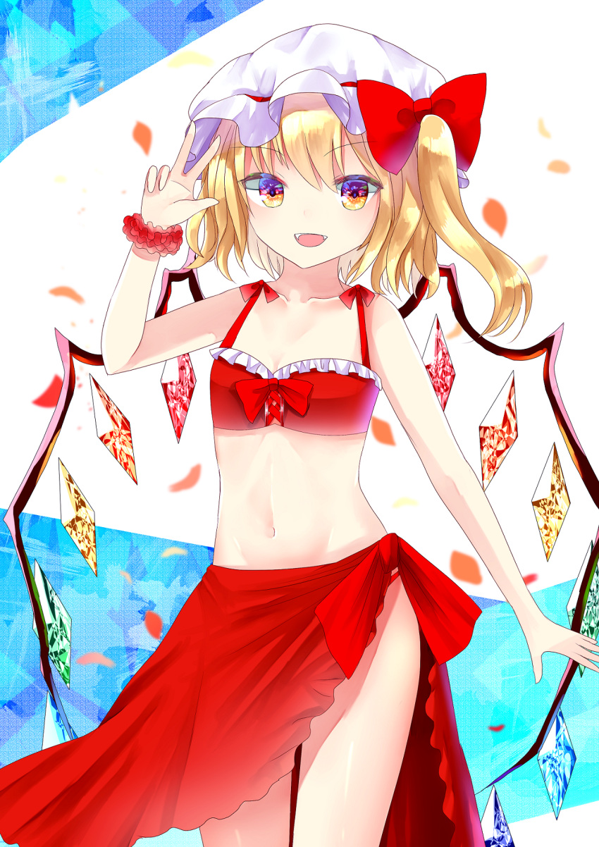 1girl alternate_costume bare_arms bikini blonde_hair breasts collarbone contrapposto cowboy_shot fangs flandre_scarlet hand_up hat hat_ribbon highres looking_at_viewer mob_cap multicolored multicolored_eyes navel open_mouth petals red_bikini ribbon sakipsakip sarong scrunchie short_hair side_ponytail simple_background small_breasts solo standing swimsuit touhou two-tone_background w wings wrist_scrunchie