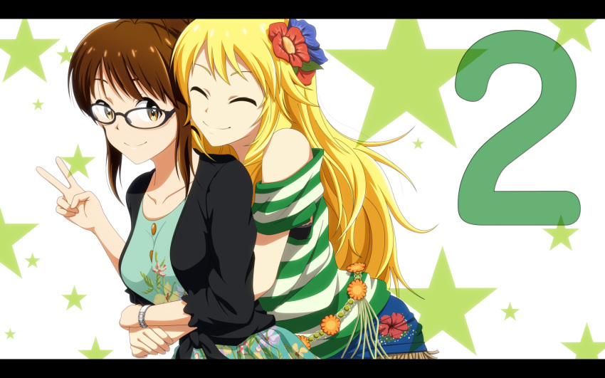 2 2girls akizuki_ritsuko aqua_dress black-framed_eyewear blonde_hair blue_flower brown_eyes brown_hair closed_eyes collarbone dress flower green_shirt hair_flower hair_ornament highres hoshii_miki hug hug_from_behind idolmaster kouchou long_hair looking_at_viewer multiple_girls red_flower shirt short_hair_with_long_locks sidelocks simple_background smile striped striped_shirt v very_long_hair white_background