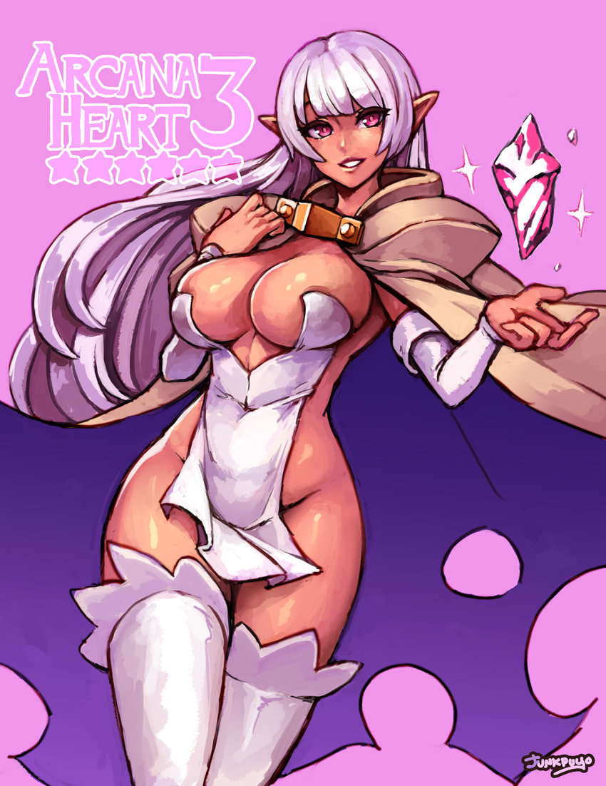 1girl arcana_heart breasts cape cleavage crystal dark_skin highres hips junkpuyo large_breasts long_hair looking_at_viewer parace_l'sia pink_background pink_eyes pointy_ears purple_hair signature simple_background smile solo thigh-highs thighs white_legwear wide_hips
