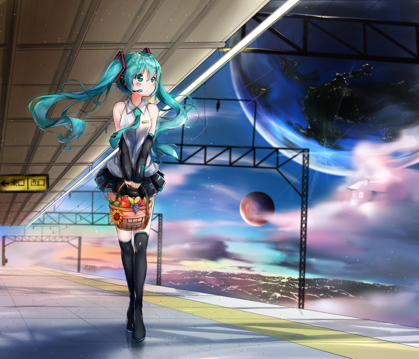 1girl :/ absurdres apple basket black_boots black_skirt blush boots city_lights closed_mouth clouds commentary detached_sleeves directional_arrow eyebrows_visible_through_hair floating_hair flower food fruit grapes green_eyes green_hair green_necktie grey_shirt hair_between_eyes hansal hatsune_miku headset highres holding_basket house long_hair looking_away necktie outdoors pear planet pleated_skirt shirt sign skirt sky sleeveless sleeveless_shirt sleeves_past_wrists solo space spring_onion sunflower thigh-highs thigh_boots train_station_platform twintails v_arms very_long_hair vocaloid walking