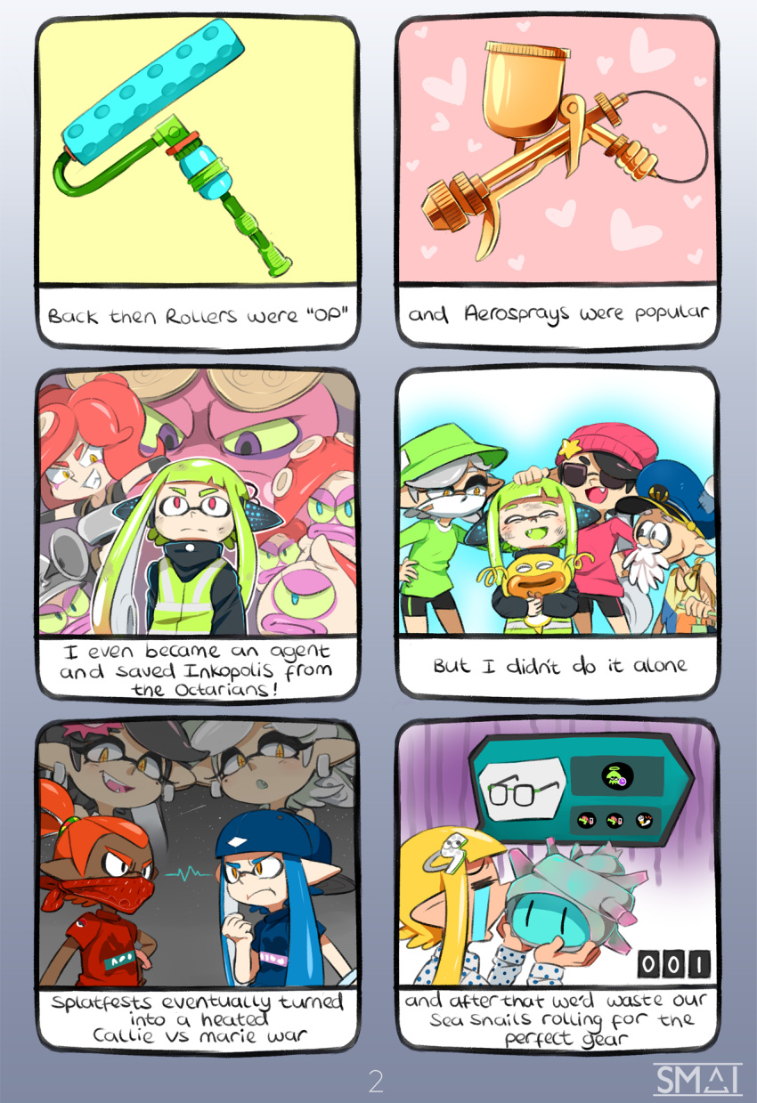 3d_rod! aerospray_(splatoon) aori_(splatoon) backwards_hat beard bike_shorts black_hair black_shirt black_shorts blue_hat blue_shirt brown_eyes closed_mouth comic commander_atarime crying dj_takowasa domino_mask earrings english face_mask facial_hair fang food food_on_head frown glasses green_hair green_hat green_shirt grey_hair grin hair_ornament hand_on_another's_head hand_on_hip hat headgear heart highres holding hotaru_(splatoon) inkling inling jewelry long_sleeves mask mole mole_under_eye object_on_head octarian octoball open_mouth peaked_cap pointy_ears polka_dot polka_dot_shirt purple_hat purple_shirt red_shirt redhead scrunchie shirt short_sleeves shorts single_vertical_stripe smile splat_roller_(splatoon) splatoon squidbeak_splatoon star_hat_ornament sunglasses super_sea_snail t-_shirt takozonesu tentacle_hair topknot turtleneck weapon white_shirt yellow_eyes yellow_vest