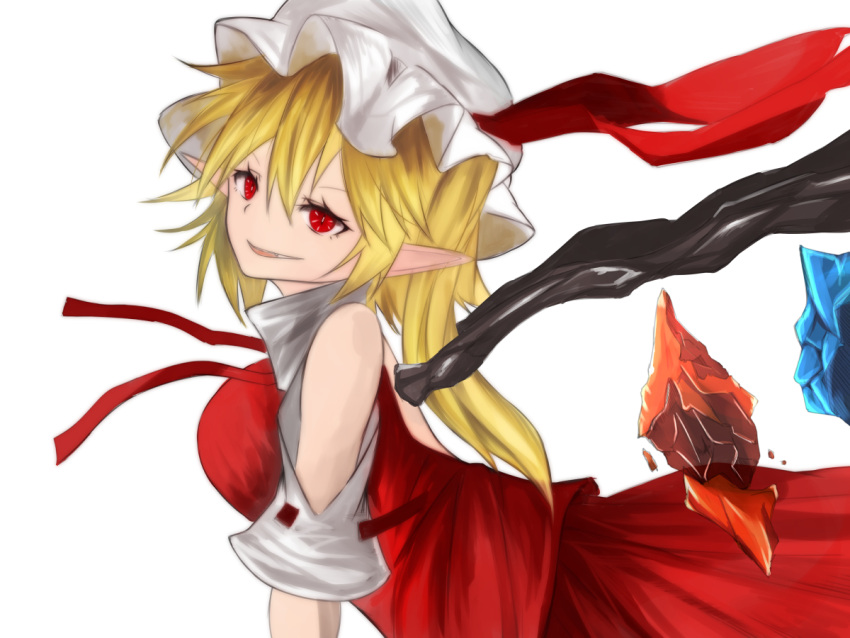 1girl bare_shoulders blonde_hair crystal flandre_scarlet from_side hair_between_eyes hat hat_ribbon looking_at_viewer looking_to_the_side mob_cap parted_lips pointy_ears psyren2 red_eyes red_ribbon red_skirt red_vest ribbon short_sleeves shoulder_cutout side_ponytail skirt skirt_set smile solo touhou vest wings