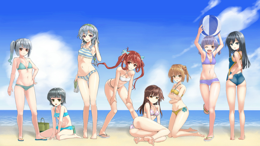 &gt;;d 6+girls :d ;d arare_(kantai_collection) arashio_(kantai_collection) arms_up asagumo_(kantai_collection) asashio_(kantai_collection) ass backless_outfit ball beach beachball bent_over bikini black_hair blue_eyes blue_sky blush breasts brown_eyes brown_hair clouds cloudy_sky commentary_request criss-cross_halter day double_bun flat_chest from_behind front-tie_bikini front-tie_top full_body gluteal_fold green_bikini green_eyes grey_hair hair_rings hairband halterneck hand_on_hip highres kantai_collection kasumi_(kantai_collection) kneeling kuronaga light_brown_eyes light_brown_hair long_hair looking_at_viewer low-tied_long_hair michishio_(kantai_collection) multiple_girls navel ocean one-piece_swimsuit one_eye_closed ooshio_(kantai_collection) open_mouth polka_dot polka_dot_bikini redhead sandals sandals_removed short_hair side_ponytail sitting sky small_breasts smile standing swimsuit twintails violet_eyes wariza white_bikini yamagumo_(kantai_collection) yellow_bikini