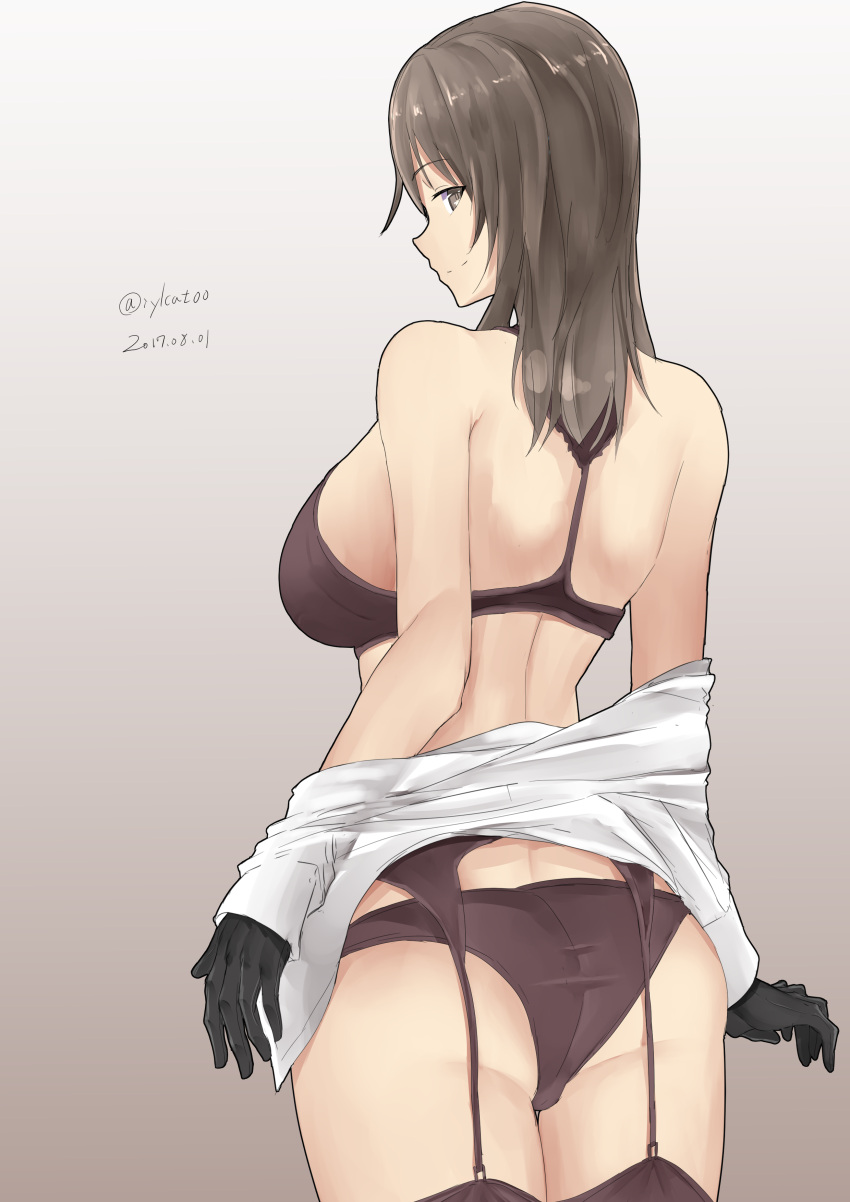 1girl absurdres ass bare_shoulders black_gloves bra breasts brown_bra brown_eyes brown_hair brown_legwear brown_panties dated dress_shirt from_behind garter_belt garter_straps girls_und_panzer gloves highres irukatto large_breasts long_hair looking_back mature panties shimada_chiyo shirt smile solo thigh-highs twitter_username underwear undressing