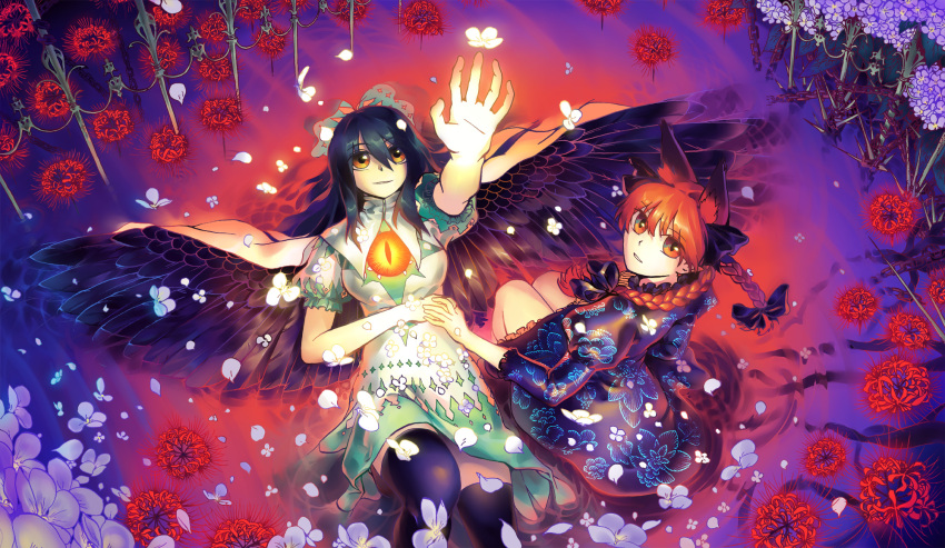 2girls alternate_costume animal_ears arm_rest arm_up bare_arms bird_wings black_hair black_legwear black_wings bow braid cape capelet cat_ears cat_tail collar cowboy_shot dress extra_ears feathered_wings floral_print flower frilled_collar frills from_above glowing glowing_eye hair_between_eyes hair_bow hand_holding hand_on_own_stomach highres kaenbyou_rin long_hair looking_up lying multiple_girls multiple_tails nekomata nib_pen_(medium) on_back orange_eyes outstretched_arm parted_lips petals puffy_short_sleeves puffy_sleeves reaching_out red_eyes redhead reiuji_utsuho short_sleeves sitting slit_pupils smile tail thigh-highs third_eye thorns touhou traditional_media twin_braids water wings yun_(evite) zettai_ryouiki
