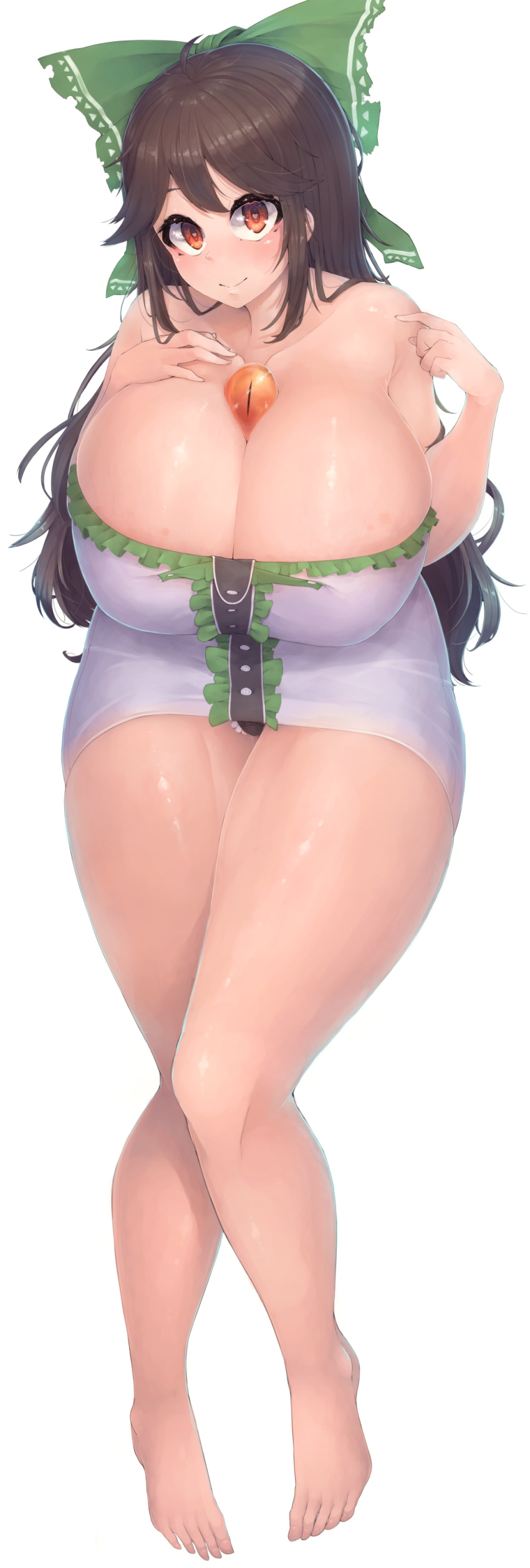 1girl absurdres bare_shoulders barefoot bow breasts brown_hair cleavage collarbone curvy feet green_bow hair_bow heart heart-shaped_pupils highres huge_breasts legs long_hair looking_at_viewer oruka_(kamituki0827) reiuji_utsuho shiny shiny_skin simple_background smile solo symbol-shaped_pupils thick_thighs thighs toes touhou very_long_hair white_background