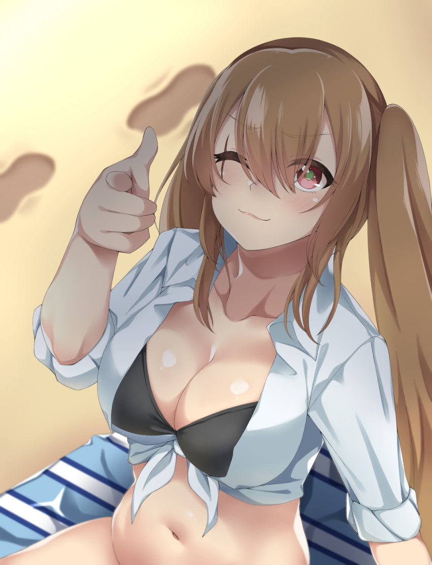 1girl :3 bangs beach bikini black_bikini breasts brown_hair cleavage closed_mouth collarbone commentary eyebrows_visible_through_hair footprints girls_frontline hair_between_eyes hand_up highres large_breasts long_hair looking_at_viewer navel pointing pointing_at_viewer red_eyes revision sand shirt sidelocks sitting sleeves_rolled_up solo spicy_moo swimsuit tied_shirt towel twintails ump9_(girls_frontline) very_long_hair