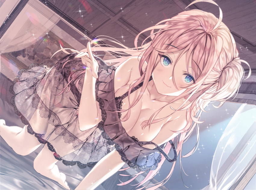 1girl ahoge aile_(crossroads) all_fours barefoot bedroom black_bra blonde_hair blue_eyes blush bra breasts cleavage closed_mouth curtains eyebrows_visible_through_hair hair_between_eyes hand_up index_finger_raised indoors lace lace-trimmed_bra large_breasts lingerie looking_at_viewer official_art on_bed one_side_up original sidelocks smile solo sparkle strap_slip underwear window