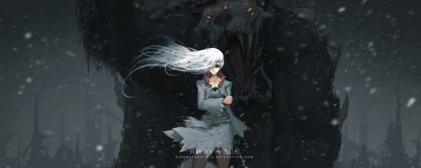 1girl commentary dishwasher1910 dress floating_hair grey_dress hand_on_arm highres long_hair long_sleeves looking_at_viewer rwby solo standing tagme weiss_schnee white_hair