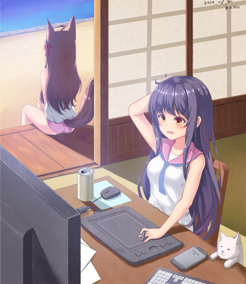 2girls ahoge animal_ears artist_name bare_arms blue_hair brown_hair can cat cellphone computer_mouse dated desk drawing_tablet fox_ears fox_tail from_behind grimace hair_ornament hair_ribbon hand_on_own_head highres indoors kemo_(pokka) keyboard long_hair looking_to_the_side monitor mousepad_(object) multiple_girls orange_eyes original panties phone purple_panties ribbon shirt sitting sleeveless sleeveless_shirt sliding_doors smartphone soda_can stylus t-shirt tail undershirt underwear veranda