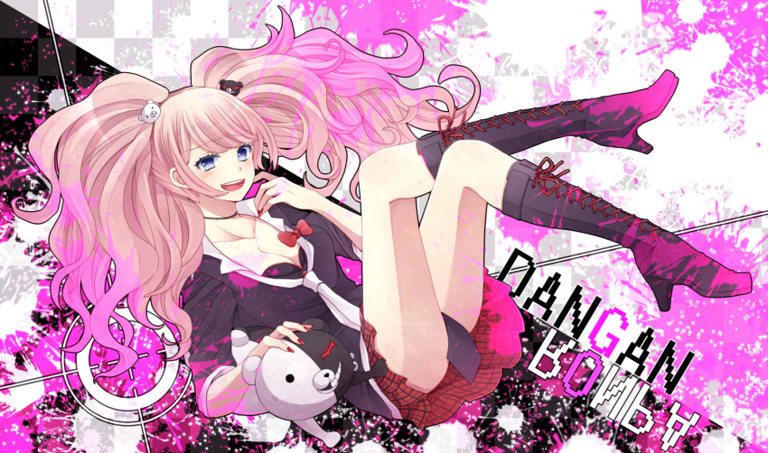 1girl :d bear_hair_ornament black_boots black_bra black_shirt blonde_hair blood bloody_clothes blue_eyes blush boots bow bra breasts cleavage collarbone copyright_name dangan_ronpa dangan_ronpa_1 enoshima_junko eyebrows_visible_through_hair hair_ornament high_heels jewelry knee_boots long_hair looking_at_viewer medium_breasts miniskirt monokuma nail_polish necklace necktie open_mouth pleated_skirt red_bow red_nails red_skirt shirt skirt smile solo spoilers twintails underwear very_long_hair white_necktie yukina_yotsuba