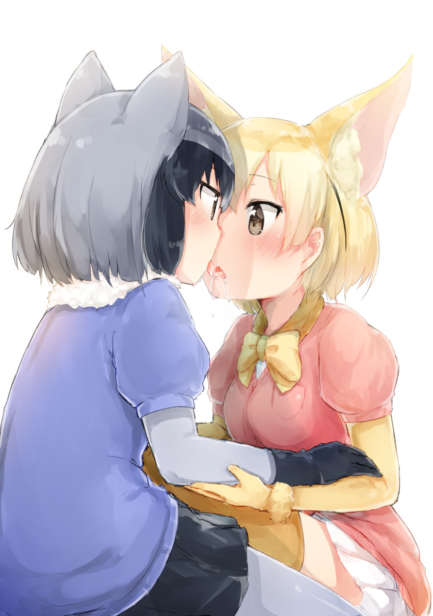 2girls animal_ears black_hair blonde_hair blush bow common_raccoon_(kemono_friends) eye_contact fennec_(kemono_friends) fox_ears french_kiss gloves highres kemono_friends kiss looking_at_another multicolored_hair multiple_girls nosetissue open_mouth raccoon_ears saliva short_hair short_sleeves skirt tongue tongue_out yuri