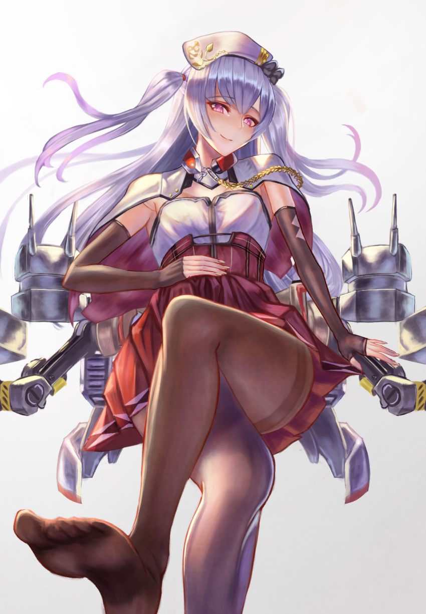 1girl ajax_(azur_lane) azur_lane bangs beret black_legwear blush breasts capelet closed_eyes commentary_request detached_sleeves eyebrows_visible_through_hair hat hayataku1234 highres legs_crossed long_hair looking_at_viewer pantyhose purple_hair red_eyes red_skirt simple_background sitting skirt smile solo transparent_background turret two_side_up