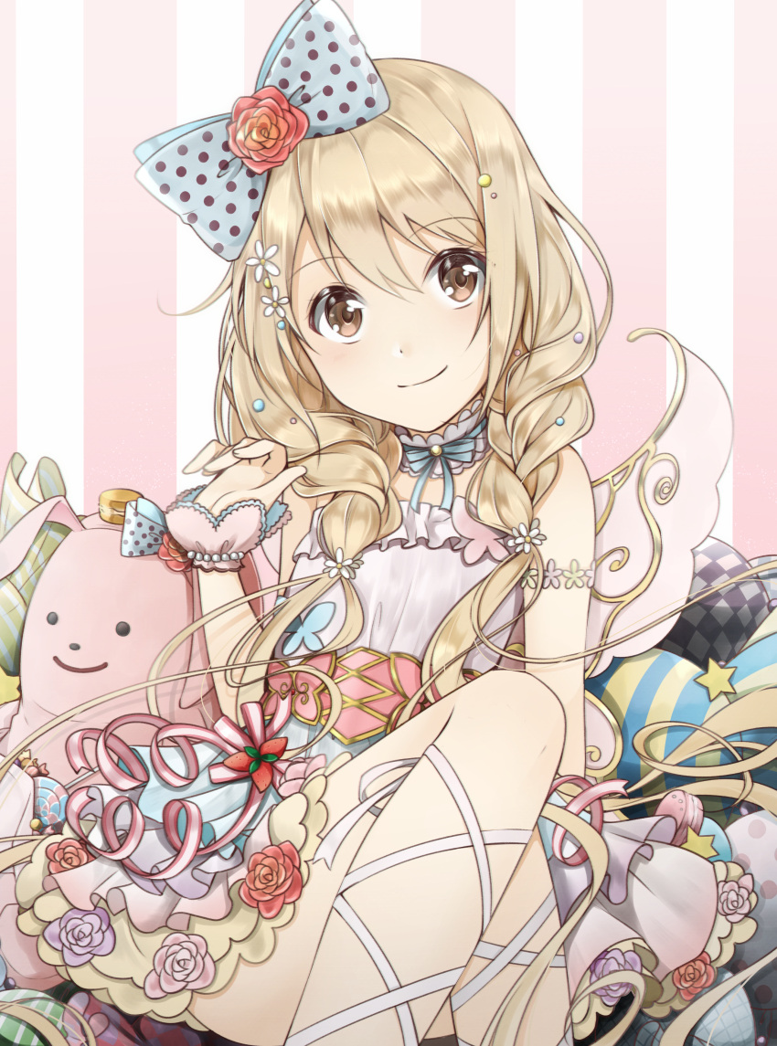 1girl absurdres aqua_bow bangs bare_shoulders blonde_hair bow braid brown_eyes candy choker closed_mouth commentary_request cross-laced_legwear eyebrows_visible_through_hair fairy_wings flat_chest flower food frilled_choker frills futaba_anzu hair_between_eyes hair_bow hair_flower hair_ornament highres idolmaster idolmaster_cinderella_girls idolmaster_cinderella_girls_starlight_stage layered_skirt lollipop long_hair looking_at_viewer nangolf polka_dot polka_dot_bow rose shirt sitting sleeveless sleeveless_shirt smile solo star strapless striped stuffed_animal stuffed_bunny stuffed_toy twin_braids two-tone_background vertical-striped_background vertical_stripes very_long_hair white_choker white_shirt wings