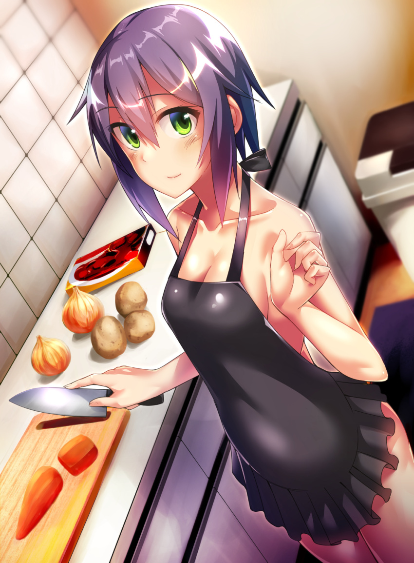 1girl apron black_apron breasts carrot cleavage commentary_request dosu_(doseven) eyebrows_visible_through_hair green_eyes highres kitchen kitchen_knife messy_hair naked_apron onion original potato purple_hair short_hair small_breasts solo tiles yuki_(dosu_(doseven))
