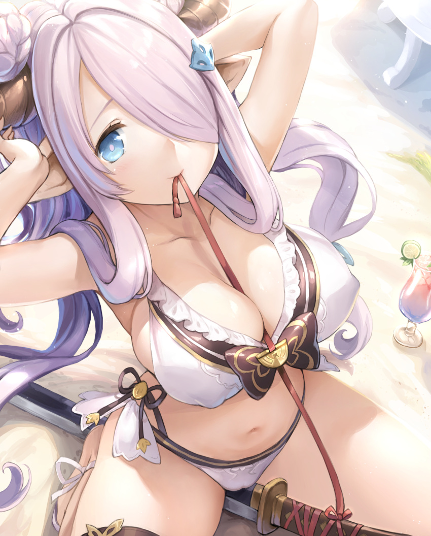 1girl arms_up between_breasts bikini blue_eyes breasts bright_pupils cleavage doraf from_above granblue_fantasy hair_over_one_eye highres horns katana large_breasts lavender_hair looking_at_viewer looking_up mouth_hold narumeia_(granblue_fantasy) navel outdoors pointy_ears ribbon_in_mouth sayika sidelocks sitting solo swimsuit sword weapon white_bikini
