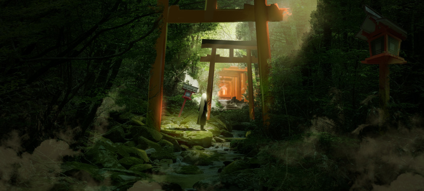 1girl asuteroid from_behind highres long_hair original river rock scenery solo torii white_hair