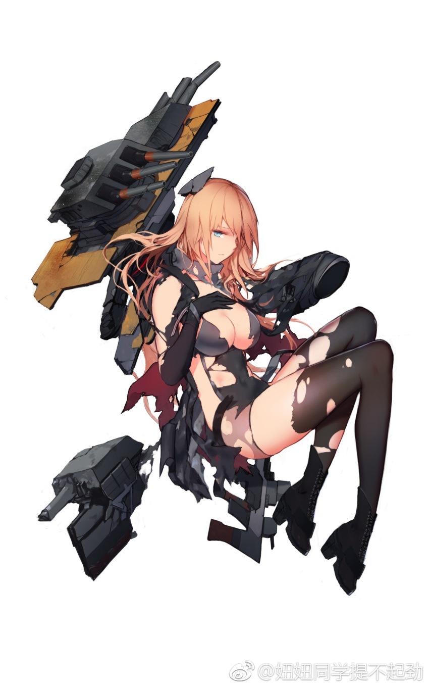 1girl artist_request battleship_girl black_gloves black_legwear blue_eyes boots breasts brown_hair cleavage covered_navel cropped cross-laced_footwear elbow_gloves full_body gloves hand_on_own_chest headgear high_heel_boots high_heels highres large_breasts leotard long_hair simple_background solo thigh-highs torn_clothes turret watermark white_background