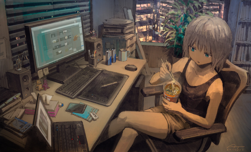 1girl 2017 apartment artist_signature bangs bare_arms bare_shoulders black_tank_top blinds blue_eyes bookshelf brown_legwear building cable can cellphone chair chopsticks coffee_mug collarbone commentary computer computer_keyboard computer_mouse computer_tower cup dated desk drawer eating energy_drink eraser figure food highres holding holding_chopsticks holding_cup laptop legs_crossed monitor no_nose noodles notebook office_chair open_mouth original pen_holder phone plant potted_plant ramen ramen short_hair shorts sitting smartphone soda_can speaker steam sticky_note stylus tablet tank_top tape tissue_box tokunaga_akimasa white_hair window