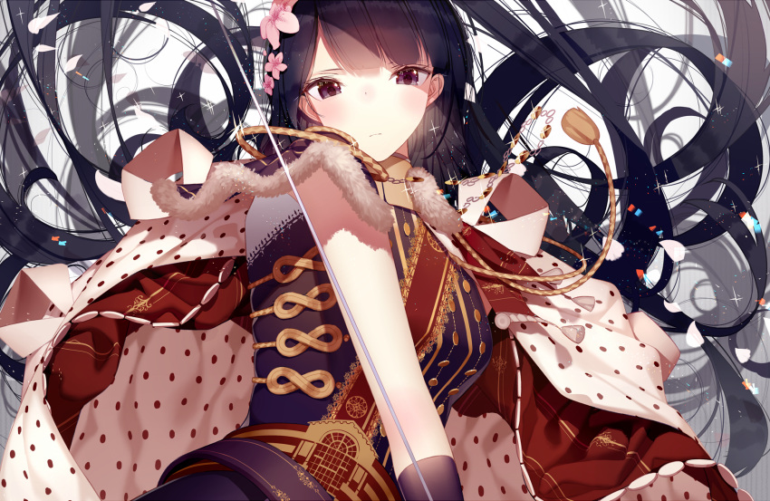 1girl aiguillette atha_(leejuiping) bangs belt black_gloves black_hair blunt_bangs blush capelet closed_mouth copyright_request floating_hair flower fur_trim gloves hair_flower hair_ornament highres holding holding_sword holding_weapon jewelry long_hair looking_at_viewer necklace personification petals pink_flower saber_(weapon) sidelocks solo sparkle sword tassel upper_body very_long_hair violet_eyes weapon