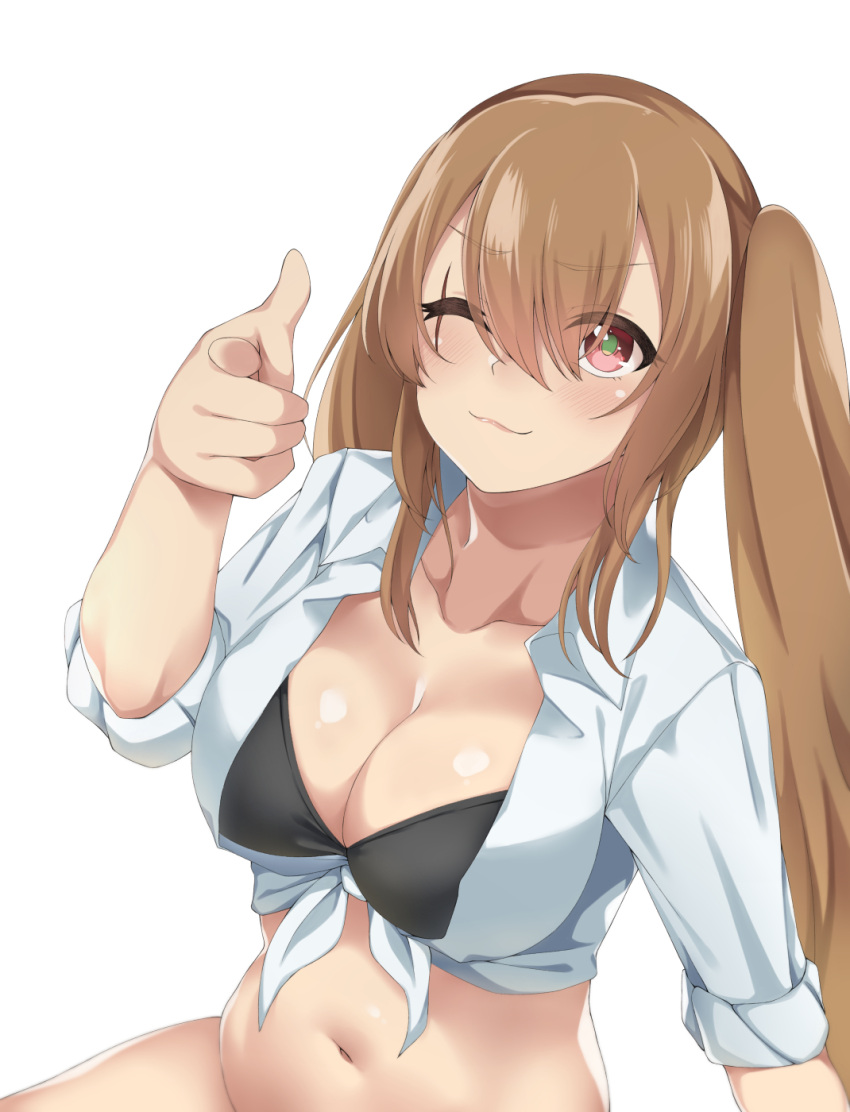 1girl :3 bangs bikini black_bikini breasts brown_hair cleavage closed_mouth collarbone commentary eyebrows_visible_through_hair front-tie_top girls_frontline hair_between_eyes hand_up highres large_breasts long_hair looking_at_viewer navel one_eye_closed pointing pointing_at_viewer red_eyes revision shiny shiny_skin shirt sidelocks simple_background sitting solo spicy_moo swimsuit tied_shirt twintails ump9_(girls_frontline) very_long_hair white_background