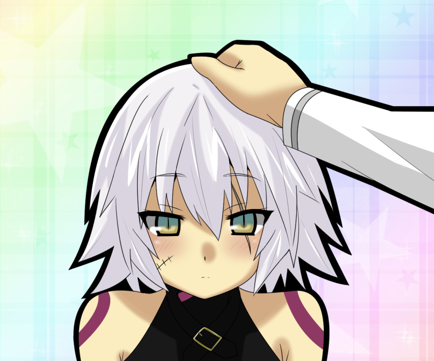 1boy 1girl assassin_of_black bare_shoulders blush fate/apocrypha fate/grand_order fate_(series) fujimaru_ritsuka_(male) green_eyes hand_on_another's_head hand_on_head matsudora124 petting scar short_hair silver_hair solo_focus