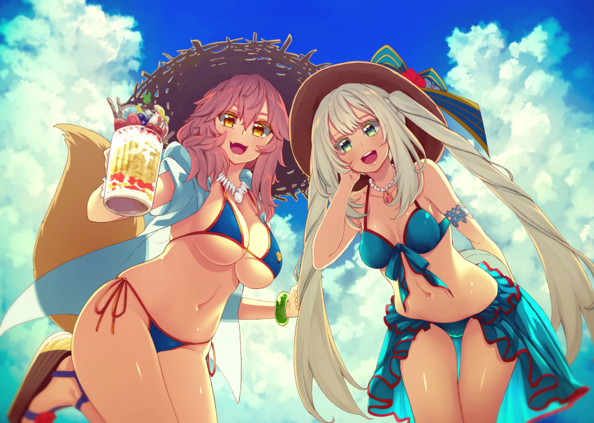 2girls akino_sora bikini blue_bikini blue_sky breasts cleavage clouds cloudy_sky day fate/extra fate_(series) food fox_tail fruit green_eyes hat highres large_breasts long_hair looking_at_viewer marie_antoinette_(fate/grand_order) marie_antoinette_(swimsuit_caster)_(fate) multiple_girls outdoors pink_hair sandals shirt side-tie_bikini silver_hair sky smile straw_hat strawberry string_bikini swimsuit tail tamamo_(fate)_(all) tamamo_no_mae_(swimsuit_lancer)_(fate) thigh_gap under_boob very_long_hair white_shirt yellow_eyes