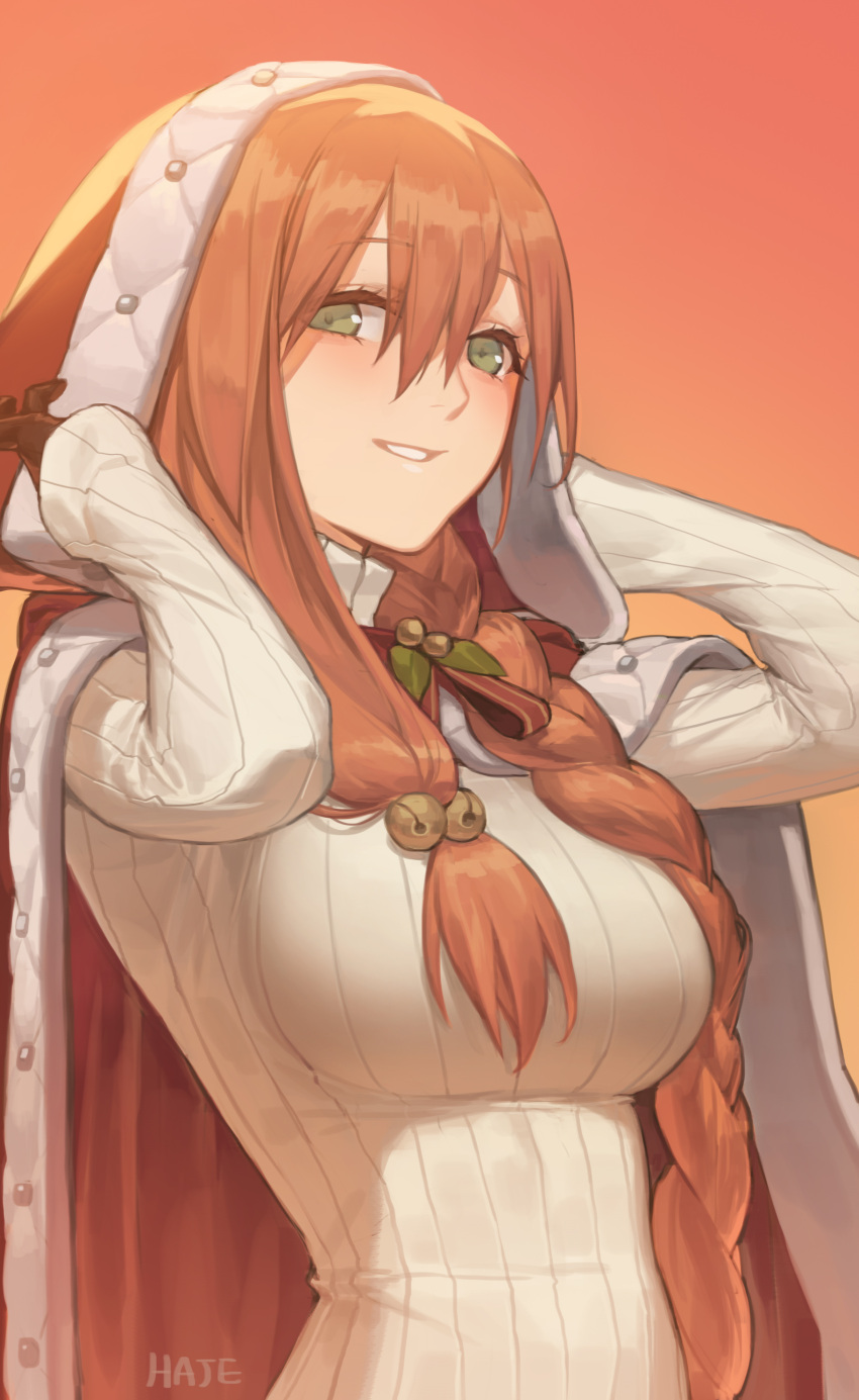 1girl absurdres arms_up artist_name bangs bell breasts brown_hair cloak eyebrows_visible_through_hair fur_trim girls_frontline green_eyes hair_bell hair_between_eyes hair_ornament haje highres hood hooded_cloak jingle_bell large_breasts long_hair looking_at_viewer m1903_springfield_(girls_frontline) parted_lips ribbed_sweater signature smile solo sweater upper_body white_sweater