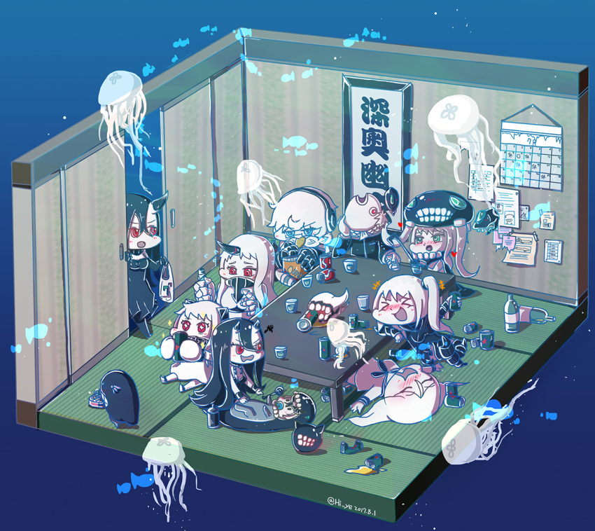 &gt;_&lt; 6+girls :d absurdly_long_hair abyssal_admiral_(kantai_collection) ahoge aircraft_carrier_oni battleship_hime battleship_water_oni beer_can black_dress black_hair blue_eyes blush braid calendar_(object) can cape chibi chinese claws detached_sleeves dress drunk enemy_aircraft_(kantai_collection) gauntlets glasses hair_between_eyes hanging_scroll headgear headphones heavy_cruiser_hime hi_ye holding horn horns i-class_destroyer kantai_collection long_hair lying mittens multiple_girls northern_ocean_hime off-shoulder_dress off_shoulder one_side_up open_mouth power_fist red_eyes scroll seaport_hime shinkaisei-kan single_braid smile spaghetti_strap supply_depot_hime ta-class_battleship table tatami very_long_hair white_dress white_hair white_skin wo-class_aircraft_carrier xd