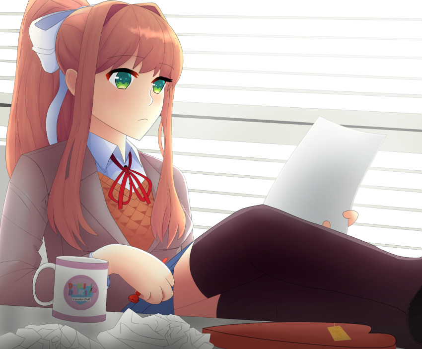 1girl bangs black_legwear blazer blinds blue_skirt bow box box_of_chocolates breasts coffee_mug crumpled_paper cup doki_doki_literature_club eyebrows_visible_through_hair gift green_eyes grey_jacket hair_bow heart highres holding holding_paper holding_pen indoors jacket legs_on_table legs_up littlewing1st logo long_hair medium_breasts monika_(doki_doki_literature_club) mug neck_ribbon nose orange_vest paper pen pleated_skirt ponytail red_ribbon ribbon school_uniform sidelocks sitting skirt solo table thigh-highs valentine vest white_bow window wing_collar writing