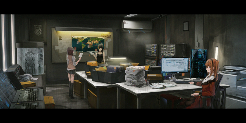 3girls black_hair brown_hair character_request computer desk gh_(chen_ghh) girls_frontline highres laptop long_hair looking_at_another looking_at_viewer looking_away map monitor multiple_girls pencil printer short_hair sitting
