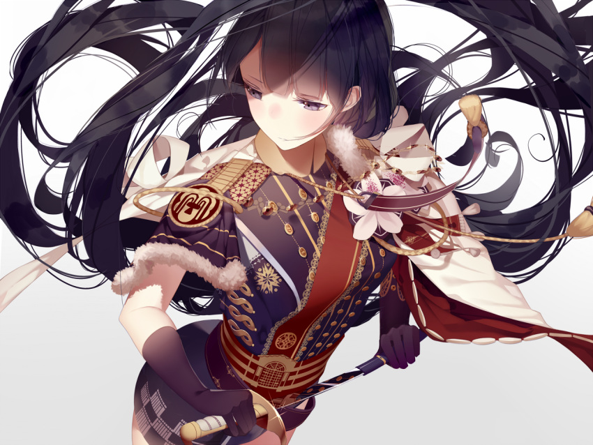 1girl aiguillette atha_(leejuiping) bangs belt black_gloves black_hair blunt_bangs blush cape capelet copyright_request epaulettes eyebrows eyebrows_visible_through_hair eyelashes flower from_above fur_trim glint gloves gradient gradient_background grey_background holding holding_sword holding_weapon lace_trim long_hair long_sleeves looking_away military military_uniform personification revision sash shade sheath solo sparkle sword tassel uniform unsheathing very_long_hair weapon white_background