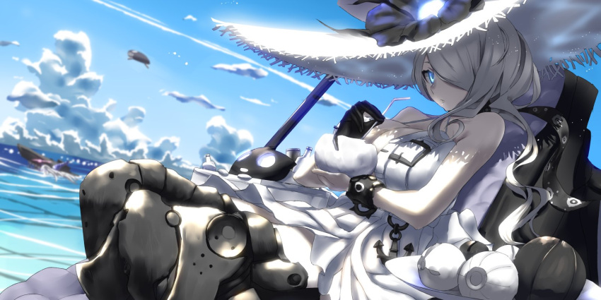 1girl anchor armor armored_boots bare_shoulders beach black_gloves blue_eyes boots bracelet breasts day dress drink flower gloves hair_flower hair_ornament hair_over_one_eye hat highres jewelry kantai_collection large_breasts long_hair ocean seaport_summer_hime shinkaisei-kan single_glove sitting sleeveless sleeveless_dress solo sun_hat thigh-highs thigh_boots tsuuhan white_dress white_hair white_hat