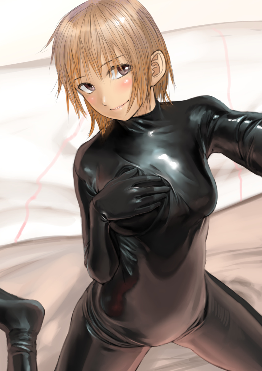 1girl bed bodysuit brown_eyes brown_hair hand_on_own_chest highres kilye_4421 latex looking_at_viewer original shiny shiny_clothes short_hair sitting skin_tight smile