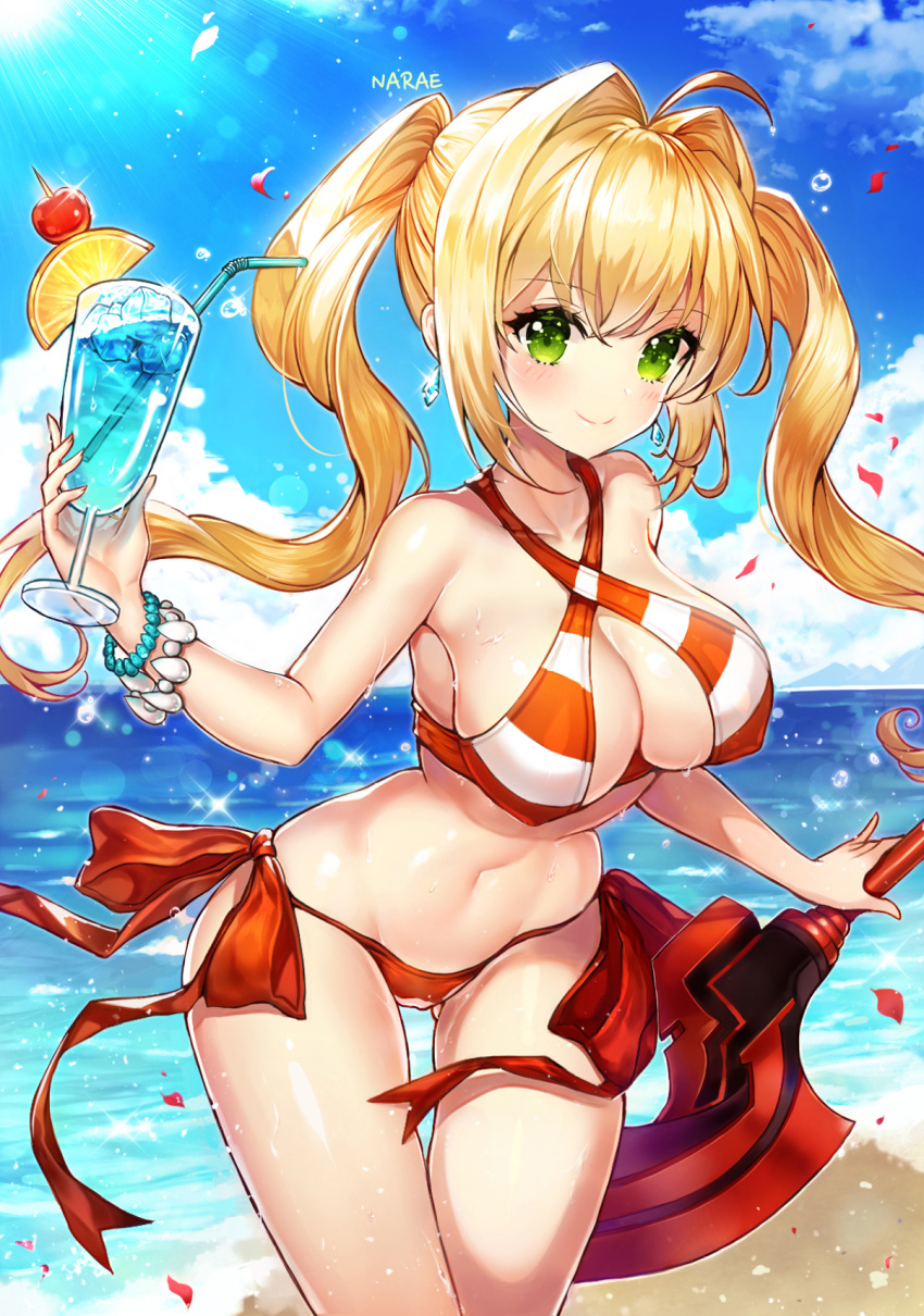 1girl ahoge beach bikini blonde_hair blue_sky blush breasts cleavage closed_mouth clouds cloudy_sky cowboy_shot criss-cross_halter cup day drinking_straw fate/grand_order fate_(series) floating_hair green_eyes hair_intakes halter_top halterneck highres holding holding_cup large_breasts leaning_forward light_rays narae navel nero_claudius_(swimsuit_caster)_(fate) ocean outdoors petals red_bikini rose_petals saber_extra side-tie_bikini sky smile solo standing striped striped_bikini sunbeam sunlight swimsuit thighs tropical_drink twintails white_bikini