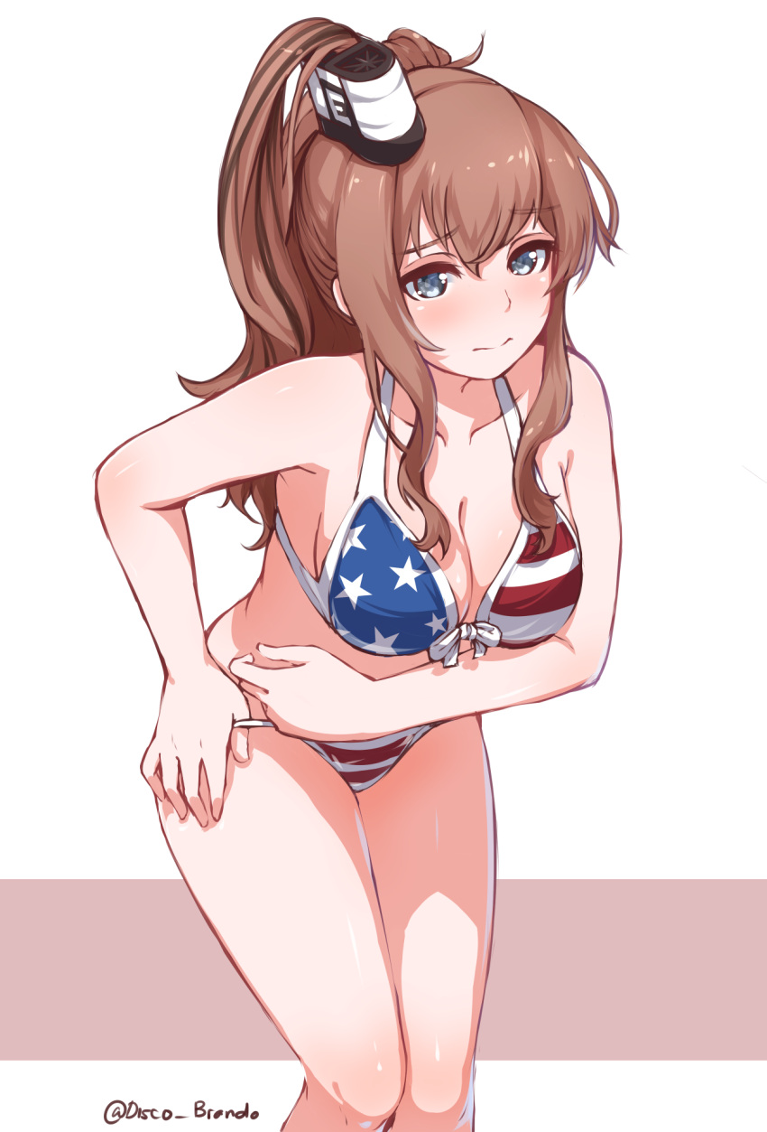1girl american_flag_bikini artist_name bikini blue_eyes blush breasts brown_hair cleavage closed_mouth collarbone disco_brando eyebrows_visible_through_hair flag_print highres kantai_collection large_breasts long_hair looking_at_viewer ponytail saratoga_(kantai_collection) solo swimsuit twitter_username
