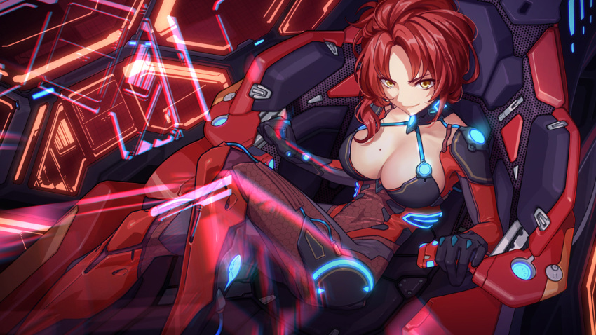 1girl bangs benghuai_xueyuan bodysuit breasts cleavage closed_mouth commentary_request eyebrows_visible_through_hair honkai_impact large_breasts long_hair looking_at_viewer mole mole_on_breast murata_himeko parted_bangs redhead revision science_fiction sitting smile solo sougishi_ego wavy_hair yellow_eyes